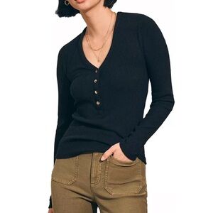 Faherty Black Ribbed Henley Long Sleeve Top